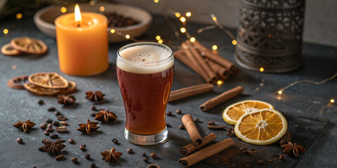Glass of dark Christmas ale brewed with spices sits near lit candle on table with dried orange slices, cinnamon sticks, star anise, and string lights creating warm holiday mood.