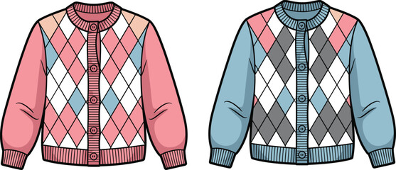 Colorful argyle cardigan sweater flat sketch, CAD fashion drawing, knitwear vector design for kids clothing, stylish button front top