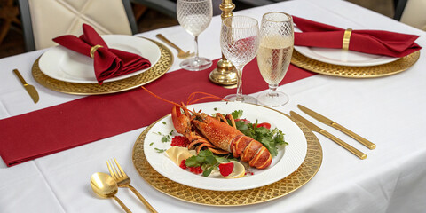Festive Christmas table setting featuring whole cooked lobster garnished with herbs, lemon, and red caviar on white plate with gold charger plus champagne flutes and red napkins.