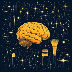 Golden Brain With Makeup Tools On Starry Blue Background