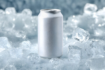 Refreshing chilled aluminum can with condensation resting on bed of ice cubes, perfect for product mockups