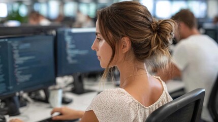 Young woman coding in a modern office setting surrounded by colleagues during the day