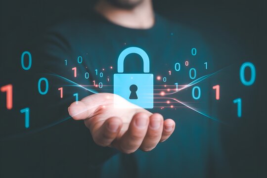 A person holding a digital padlock with binary code floating around it in a dark environment scene