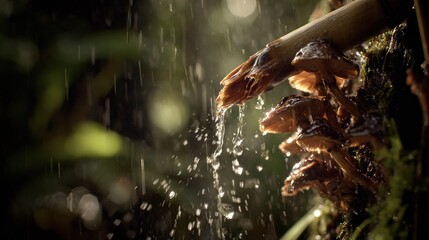 Fototapeta premium Water cascading from bamboo over tiny, brown mushrooms in a rainforest