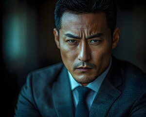Fototapeta premium Intense portrait of a serious man in a dark suit with a determined and focused expression highlighting ambition
