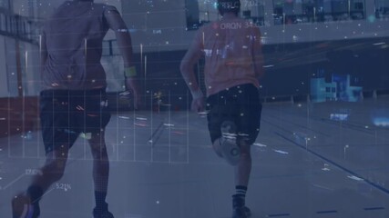Animation of data processing over diverse sports people running - Powered by Adobe