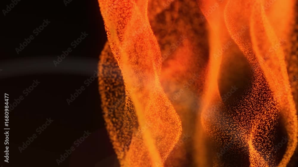 Poster abstract waves of glowing orange particles forming dynamic fluid shapes