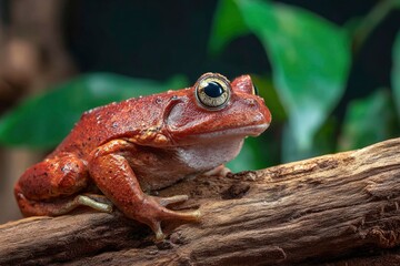 Obraz premium Red frog on a log with bulging eyes