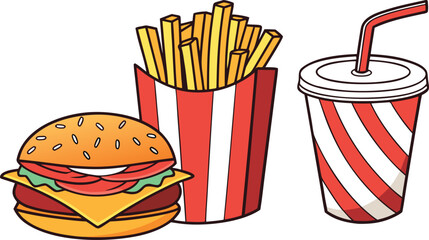 Adobe Illustrator Artwork A vector illustration of a burger, fries, and a soda representing fast food elements