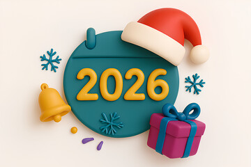 2026 Holiday Ornament Illustration with Santa Hat, Snowflakes, Bell, and Gift Box &ndash; Festive New Year Design in Cartoon Style