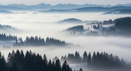 Fototapeta premium Misty Forest Landscape with Distant Mountains in Winter.