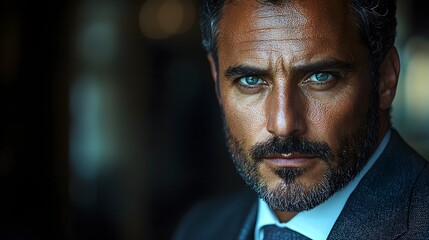 Fototapeta premium Intense gaze of a confident businessman in a tailored suit embodying professional leadership and determination in a corporate setting