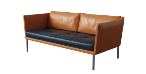 3d model of a  sofa with buttons, a scandinavian-style sofa with wooden legs, at a 45-degree angle, against a gray background, with a perspective grid on the floor and in the bottom-left corner 