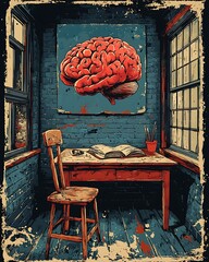 Vintage Room With Wooden Desk Books And Surreal Brain Poster