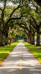 Obraz premium A shaded walkway lined with majestic trees casts long shadows, creating a serene and tranquil park path.