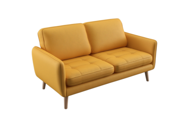 3d model of a  sofa with buttons, a scandinavian-style sofa with wooden legs, at a 45-degree angle, against a gray background, with a perspective grid on the floor and in the bottom-left corner 