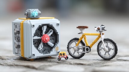 Pixelated cube-shaped device, a bicycle, and a tiny vehicle on a textured surface