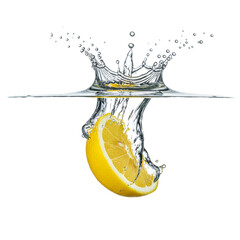 Lemon Slice Splashing into Water on White Background