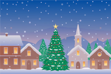 a cozy village scene with snowfall christmas tree and church