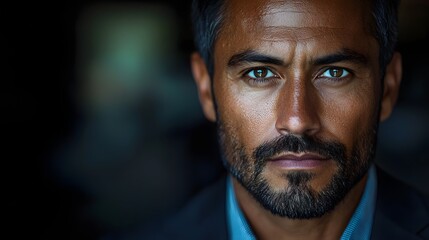 A focused close up portrait of a serious businessman with a determined gaze and a confident thoughtful expression