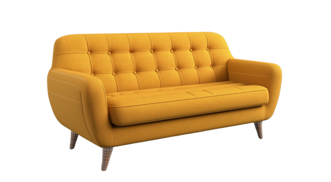 3d model of a  sofa with buttons, a scandinavian-style sofa with wooden legs, at a 45-degree angle, against a gray background, with a perspective grid on the floor and in the bottom-left corner 
