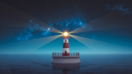 Fototapeta premium A lighthouse stands tall against the night sky, its beam cutting through the darkness, guiding ships safely through the treacherous waters