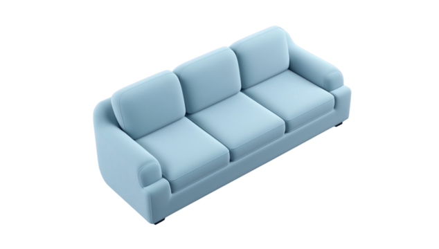 3d model of a  sofa with buttons, a scandinavian-style sofa with wooden legs, at a 45-degree angle, against a gray background, with a perspective grid on the floor and in the bottom-left corner 