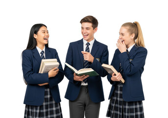 Students in Uniform Laughing and Holding Books Together
