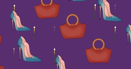 Animation of shoes and red bags over purple background - Powered by Adobe