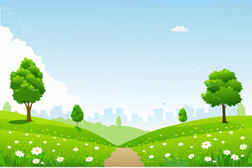 Obraz premium a serene landscape with green hills trees flowers and distant city