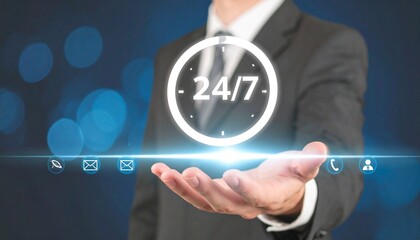 24/7 Digital Support Concept – Businessman Holding Glowing Interface with Communication Icons