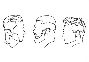 Male Profile Outlines Three Distinct Hairstyles. Logo in Line Art. line icon-continuous line drawing. Editable stroke. 