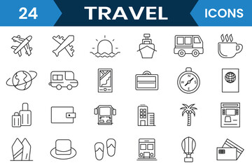 Travel icon vector set. Travel and vacation icon. Icon for hotel, holiday, tourism, beach, tickets, plane, map, suitcase, boat, passport and more. Vector illustration.
