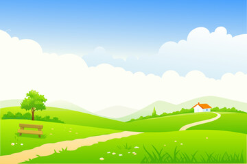 a serene landscape with green hills blue sky and fluffy clouds