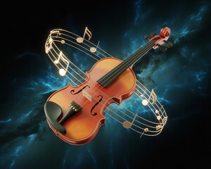 Fototapeta premium A beautifully crafted violin surrounded by musical notes, creating a harmonious blend of art and music in a captivating composition