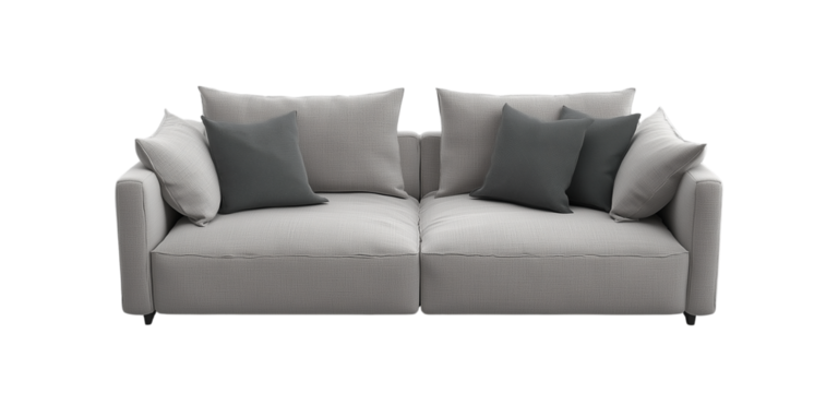 3d model of a  sofa with buttons, a scandinavian-style sofa with wooden legs, at a 45-degree angle, against a gray background, with a perspective grid on the floor and in the bottom-left corner 