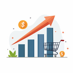 Upward trending bar graph illustrating sales growth, depicted with a shopping cart and rising arrow.
