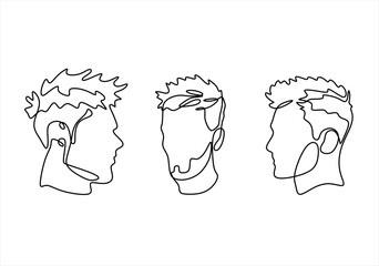 Male Profile Outlines Three Distinct Hairstyles. Logo in Line Art. line icon-continuous line drawing. Editable stroke. 
