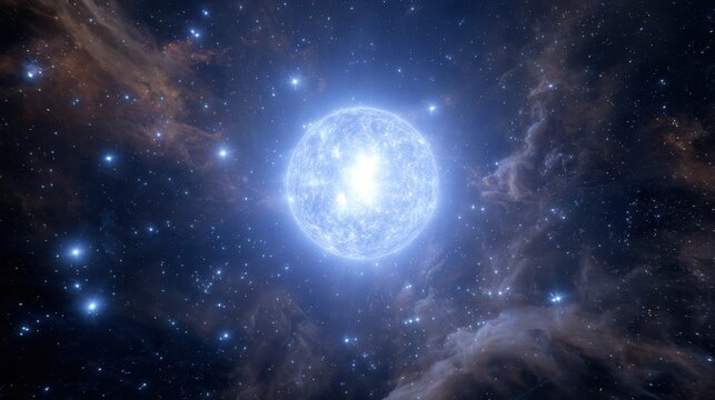 A blue supergiant star blazing in deep space, surrounded by smaller stars and glowing cosmic gases, movie-style realism