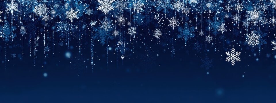 Vibrant photo of abstract blue snowflake pattern with falling snow effect.