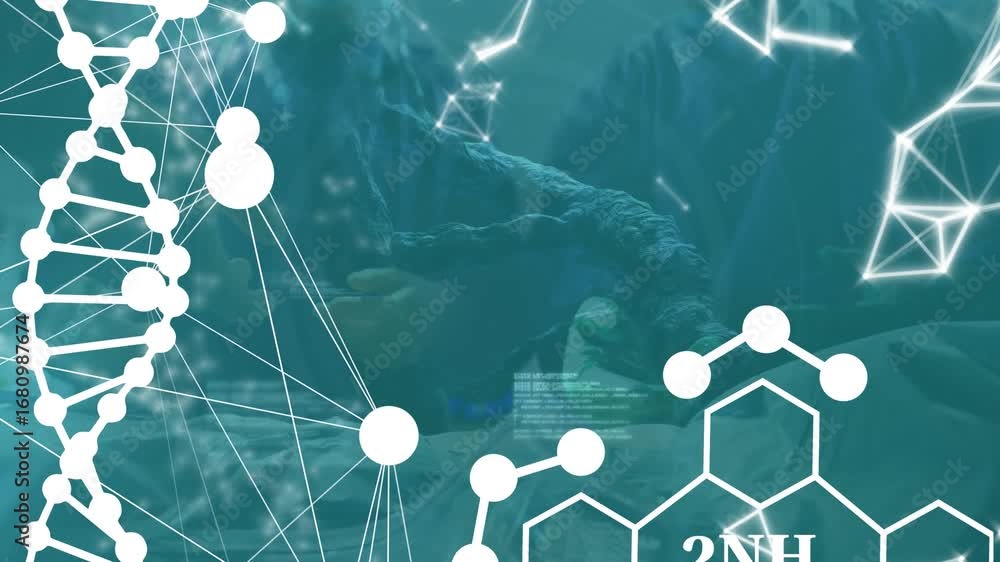 Aufkleber animation of science data processing over surgeons in operating theatre