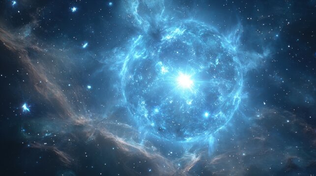 A blue supergiant star blazing in deep space, surrounded by smaller stars and glowing cosmic gases, movie-style realism
