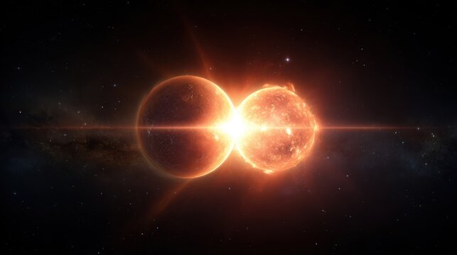 A binary star system glowing with two suns orbiting each other in stunning movie-like realism, casting light across space