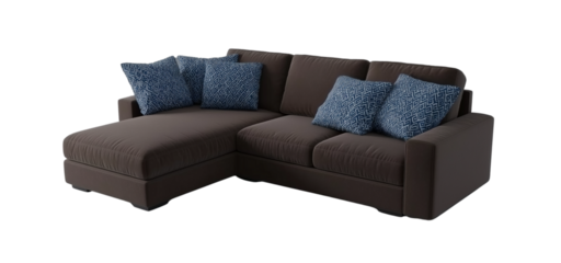 3d model of a  sofa with buttons, a scandinavian-style sofa with wooden legs, at a 45-degree angle, against a gray background, with a perspective grid on the floor and in the bottom-left corner 