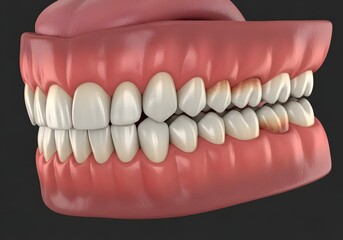 Obraz premium A close up view of a set of teeth with some discoloration and gums against a dark background