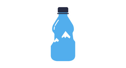 A blue plastic bottle filled with clear liquid and a mountain logo on a white background