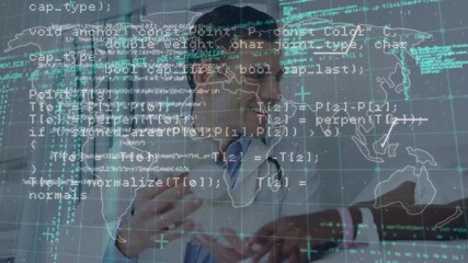 Animation of digital interface over caucasian doctor with patient - Powered by Adobe