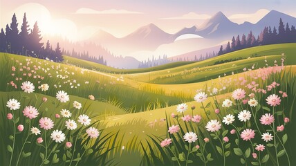 Obraz premium Blooming wildflower meadow at sunrise with forest and mountain peaks under pastel sky in tranquil countryside landscape