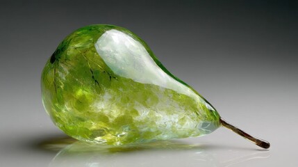 Close-up of a pear-shaped object. the pear is made of a shiny, green material with a rough texture. it has a pointed tip and a small, pointed end.