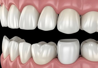 Close up view of a dental crown preparation on a tooth with gums and other teeth visible clearly